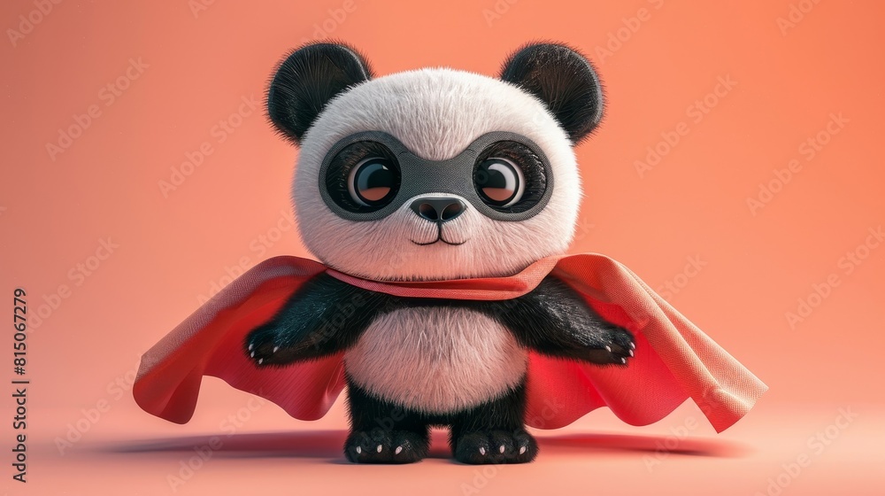A cartoon panda is wearing a red cape and standing on a red background A cartoon panda is wearing a red cape and standing on a red background