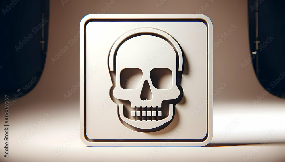 A square metal skull sign sits on a clean background. A square metal skull sign sits on a clean background.