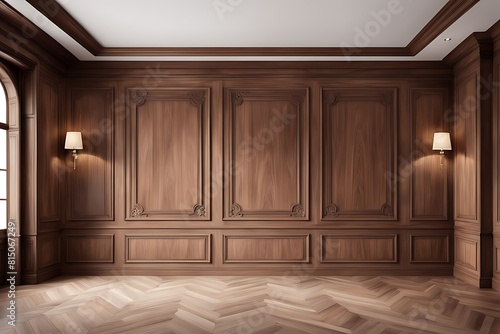  Premium style  an empty room with wooden boiserie on the wall featuring walnut wood panels. Wooden wall of an old-styled room design. 