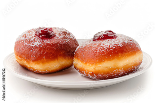 two donuts on a plate with powdered sugar