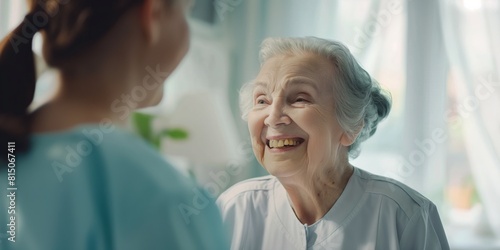 A sincere elderly lady engages in a touching conversation, her face expressing kindness