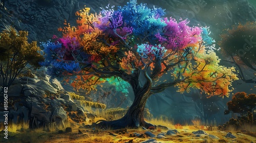 A colorful tree standing alone  its branches filled with a riot of hues  creating a mesmerizing sight.
