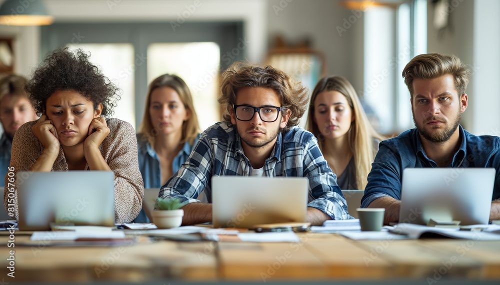 Focused group in discussion at a shared desk Focused group in discussion at a shared desk