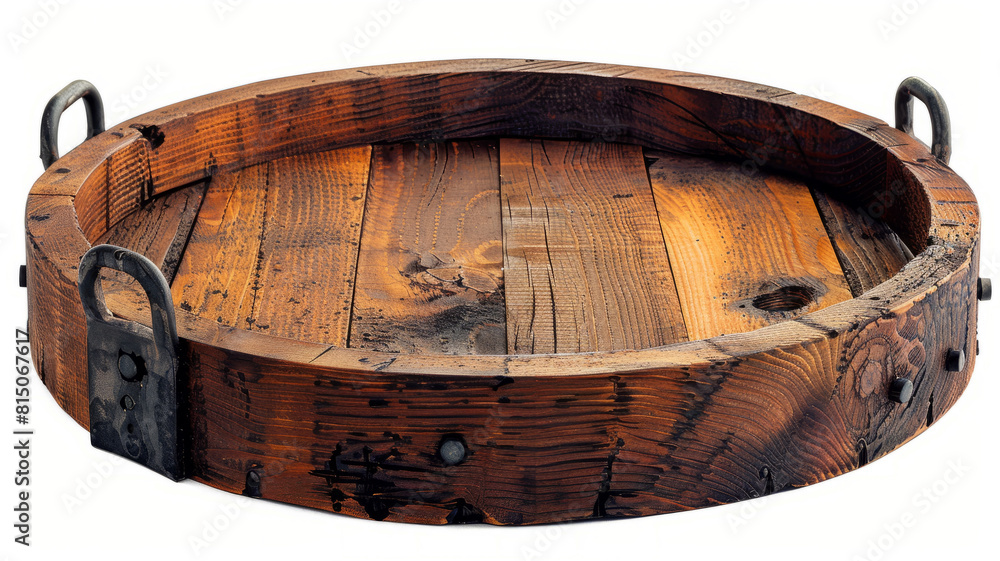 Fototapeta premium Wooden round tray with metal handles.