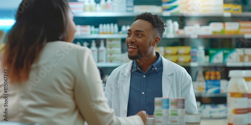 A friendly male pharmacist is advising a female customer on medication choices in a well-stocked pharmacy