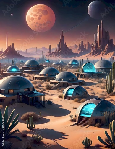 Futuristic desert colony with dome shaped buildings under a red sun and neon lit city in the background, Generative AI.