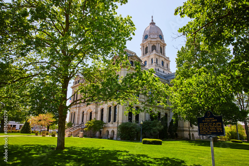 Neoclassical Courthouse in Lush Green Park, Warsaw Indiana, Eye-Level View