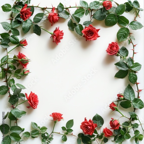 Red roses heart arrangement on white background