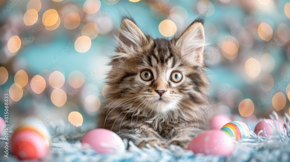 A kitten sitting in front of easter eggs A kitten sitting in front of easter eggs