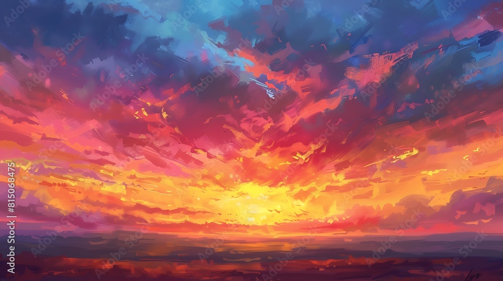 A dramatic sunset painting the sky with vibrant hues of orange and pink, casting a warm glow over the tranquil landscape below.