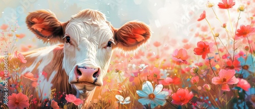 Cow standing in field of daisies