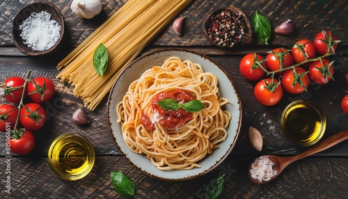 spaghetti with tomato sauce and basil