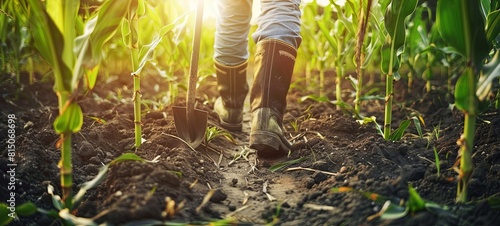 Agriculture, agronomist farmer walks through a corn field. a man works with a shovel in the field. farmer's shovel, farmer wears boots.  photo