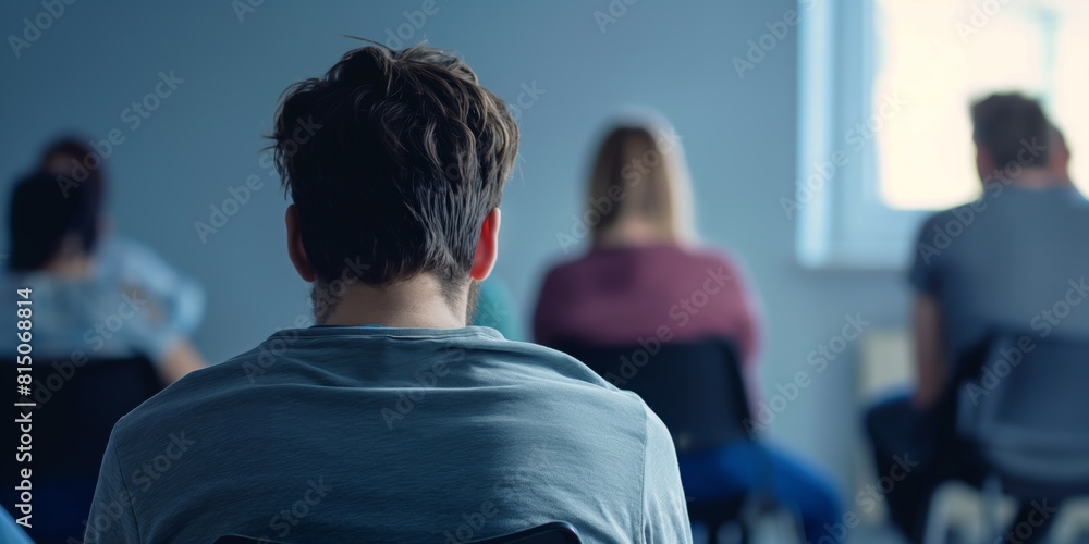 A patient with back turned sits waiting in a doctor's office or medical facility, implying anticipation A patient with back turned sits waiting in a doctor's office or medical facility, implying anticipation