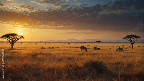 A magical sunset at a safari in africa - ai generated digital art