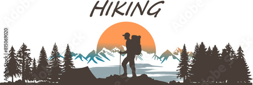 Vektor Silhouette Berge Wanderer in der Natur - Abenteuer Wandern in den Wäldern und Gebirgen - Wildnis Outdoor Action