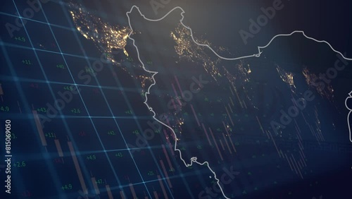 Cg footage of the territory of Iran with a fill from the flag against the backdrop of moving financial and economic graphs and charts against the backdrop of a world map photo