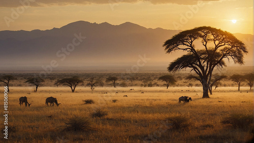 A magical sunset at a safari in africa - ai generated digital art