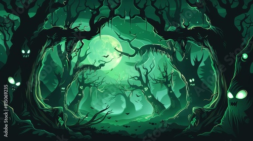 Enchanted Forest at Night with Mysterious Glowing Eyes