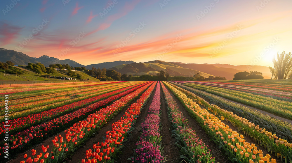 A picturesque flower field, ablaze with vivid blooms, illuminated by the gentle hues of dusk.
