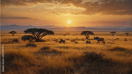 A magical sunset at a safari in africa - ai generated digital art
