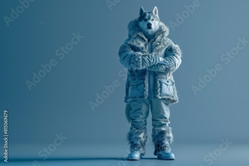 A Portrait of Siberian Husky Wearing a Fur Coat, Animal Wearing Clothes, Generative Ai