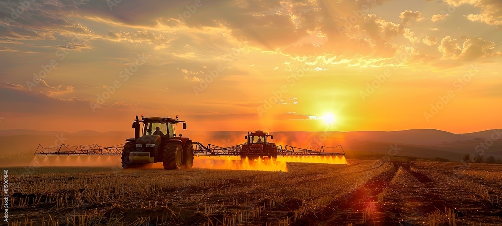 Obraz premium Agricultural sprayers applied at the end of the day with a beautiful sunset.