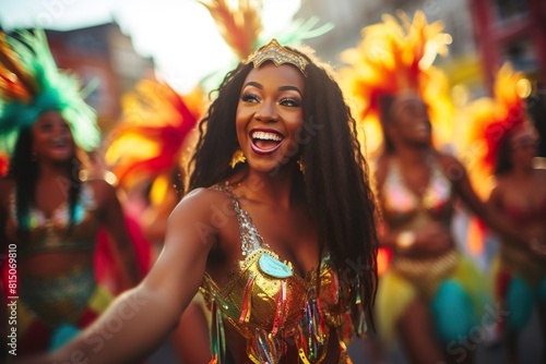 brazilian samba dancer in carnival costume in the middle of a celebration taking a selfie