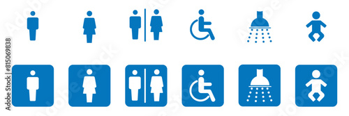 Toilet vector icons set, male or female restroom symbols isolated on transparent background.