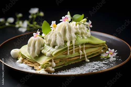 Matcha Crepe with White Chocolate and Chantilly Cream for Spring Festival - Vibrant matcha green tea crepe with white chocolate Generative Ai,