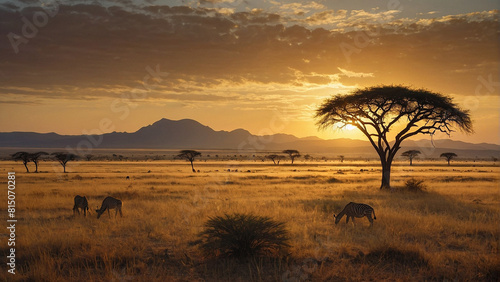 A magical sunset at a safari in africa - ai generated digital art