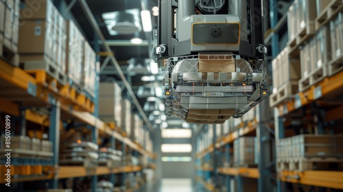 Focus on the versatility of a bag-lifting robot, close-up, focus on interchangeable tools, in a logistics warehouse, dynamic, Fusion, set against crates and parcels