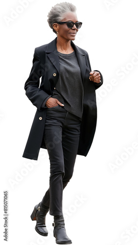 portrait of a mature senior elegant black african american woman walking, transparent, isolated on white background	