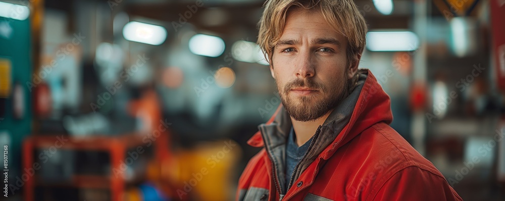Pensive man in red at industrial site Pensive man in red at industrial site