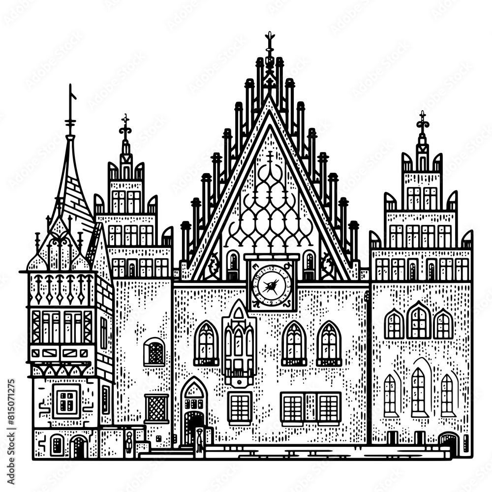 Wroclaw Old Town Hall building sketch engraving PNG illustration. T-shirt apparel print design. Scratch board imitation. Black and white hand drawn image.