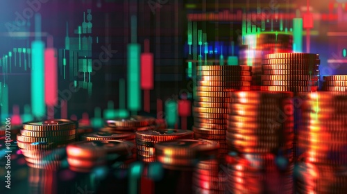 Present colorful stacked coins arranged in increasing order, close-up, with a financial chart showing market fluctuations behind, realistic, Overlay, to depict financial ups and downs photo