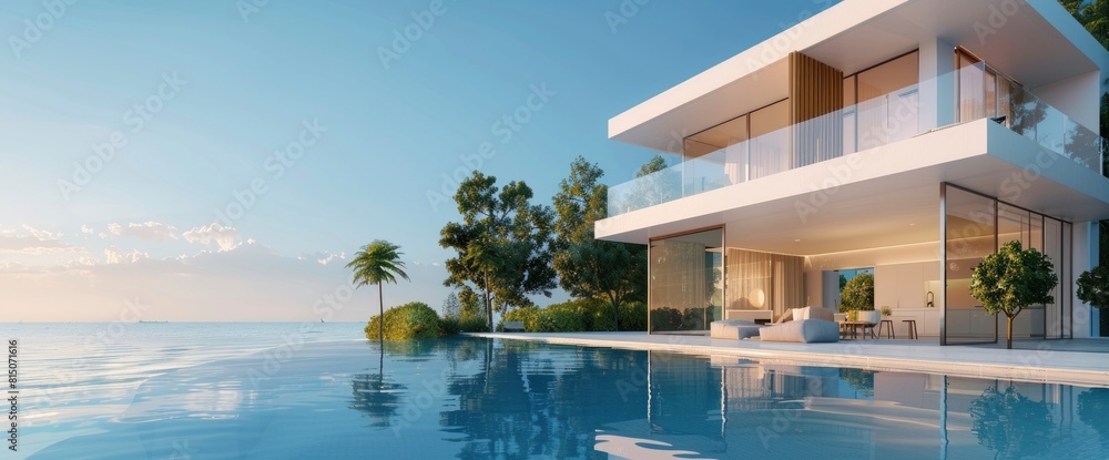 Modern Luxury Holiday Villa At Seaside. With Copy Space , Background Modern Luxury Holiday Villa At Seaside. With Copy Space , Background