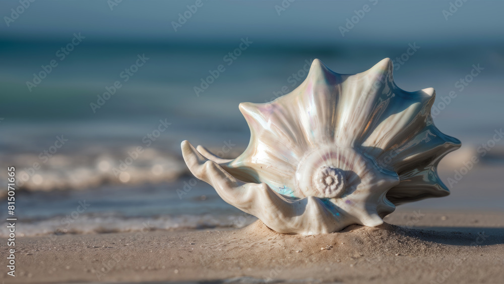 Obraz premium Large handcrafted glazed porcelain ceramic Conch seashell positioned on a sandy summer beach near the ocean waves, artistic still life representing man made art and the real beauty of nature.