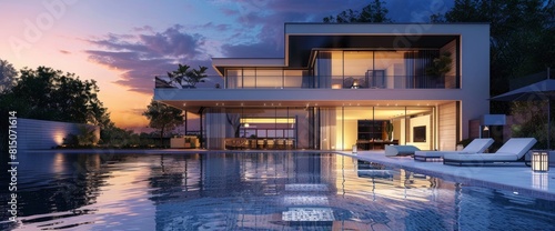Modern Luxury House With A Private Infinity Pool In Dusk. With Copy Space , Background