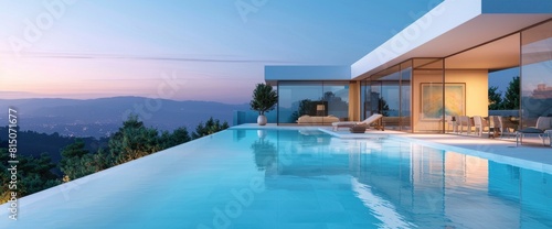 Modern Luxury House With A Private Infinity Pool In Dusk. With Copy Space   Background