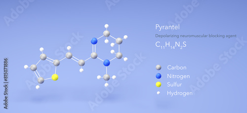 pyrantel molecule, molecular structures, depolarizing neuromuscular blocking agent, 3d model, Structural Chemical Formula and Atoms with Color Coding