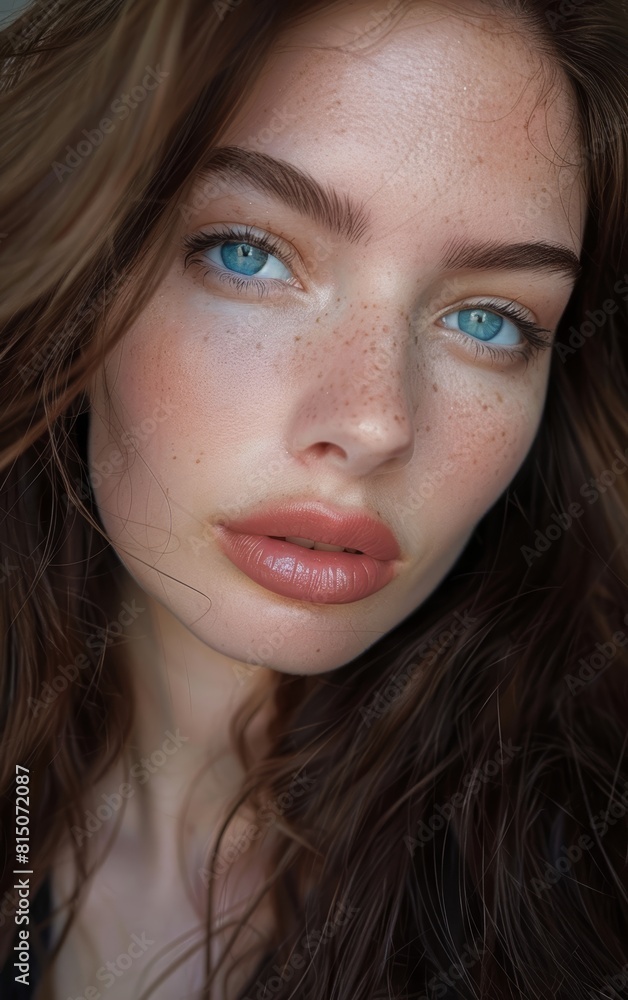 Realistic Portrait of a Young Woman with Brown Hair and Blue Eyes Generative AI Realistic Portrait of a Young Woman with Brown Hair and Blue Eyes Generative AI