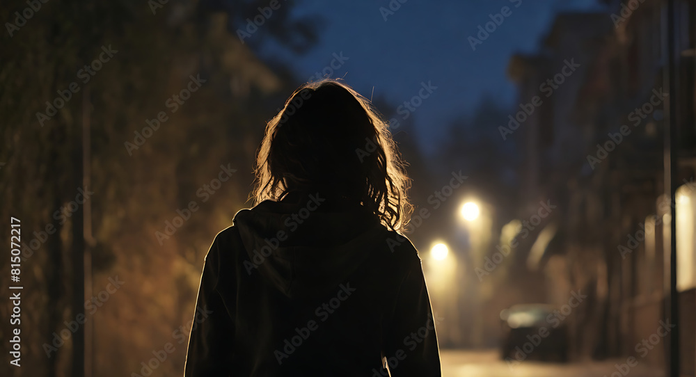 Back view shot of Silhouette of a young woman walking home alone at night, scared of stalker and being assaulted, insecurity concept,
Back view shot of Silhouette of a young woman walking home alone at night, scared of stalker and being assaulted, insecurity concept,