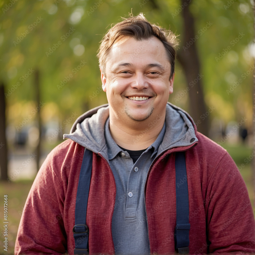 a man smiles for the camera in front of a tree with a blue shirt on. a man smiles for the camera in front of a tree with a blue shirt on.