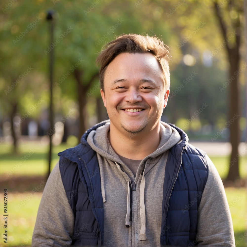 a man smiles for the camera in front of a tree with a blue shirt on. a man smiles for the camera in front of a tree with a blue shirt on.