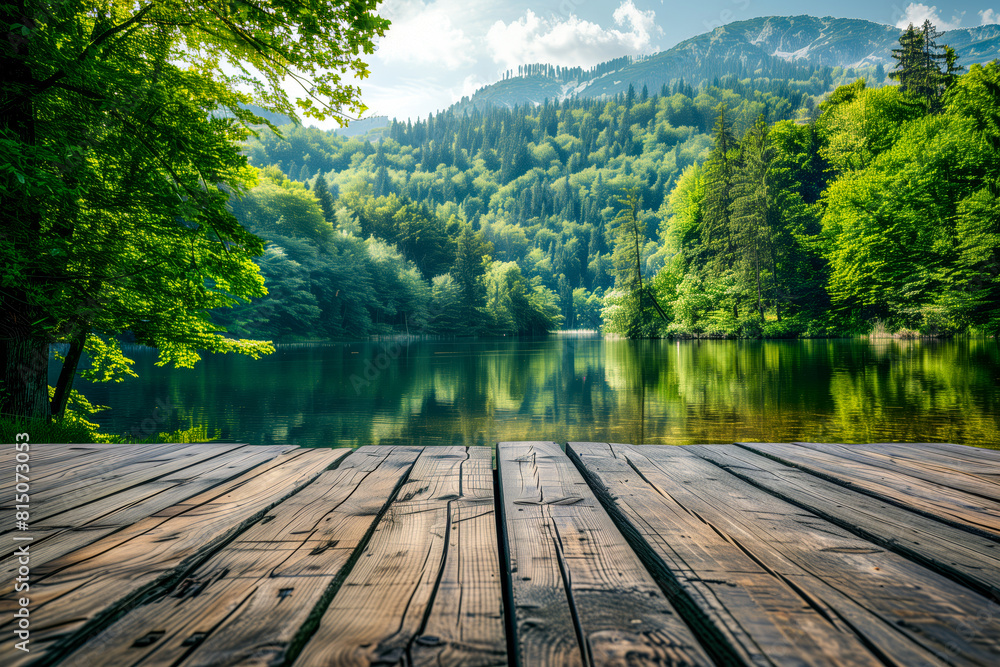 Wooden deck overseeing lake, forest, and mountain Wooden deck overseeing lake, forest, and mountain