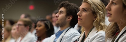 Group of diverse medical students in white coats paying attention to a lecture in an auditorium