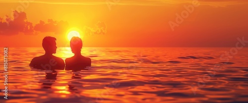Romantic Couple Watching The Sunset In The Swimming. With Copy Space   Background