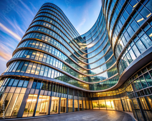 A low angle view of a contemporary office building with sleek curves and expansive glass windows. 