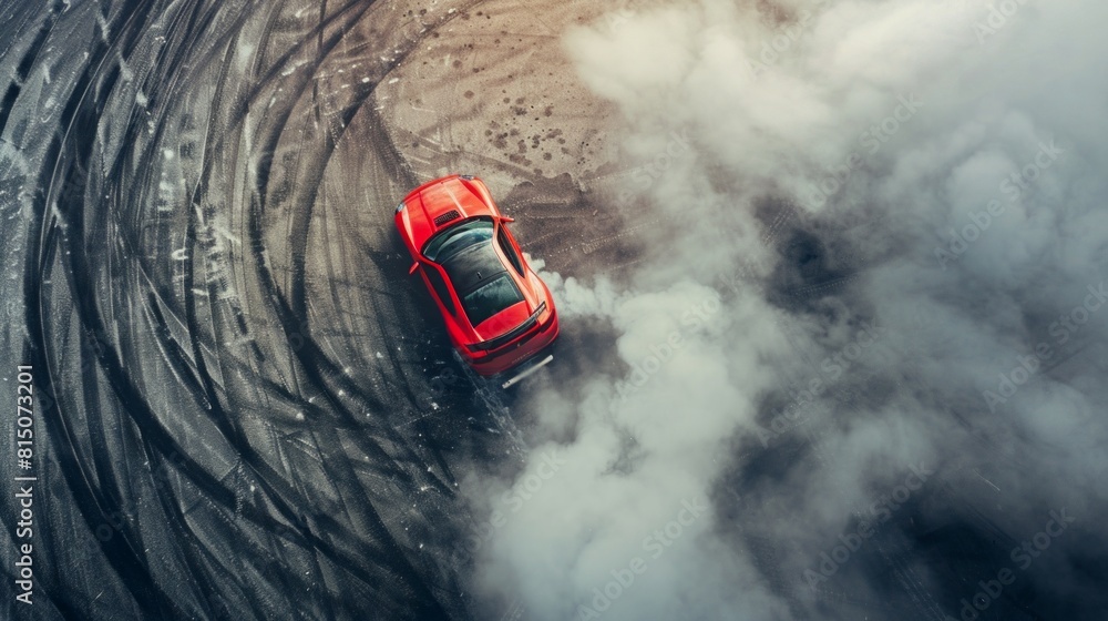 Aerial top view professional driver drifting car on asphalt road track with white smoke, Automobile race car drift on abstract asphalt road with black tire skid mark, View from above. Aerial top view professional driver drifting car on asphalt road track with white smoke, Automobile race car drift on abstract asphalt road with black tire skid mark, View from above.